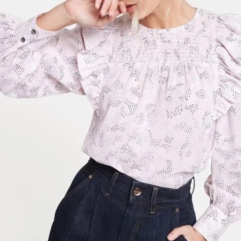 NWOT Rebecca Taylor La Vie Darcie Dot Ruffle Peasant Blouse Top Pink M